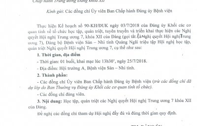 Công văn số 08-CV/ĐUSN v/v Triệu tập Hội nghị học tập, quán triệt Nghị quyết Hội nghị lần thứ 7 Ban Chấp hành Trung ương Đảng khóa XII